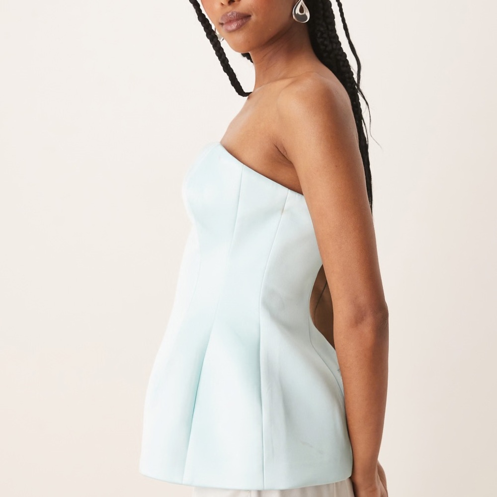 ASOS Sky Blue Strapless Blouse Structured Satin Peplum
